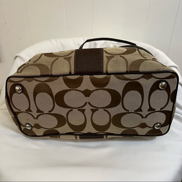Coach stripe satchel purse bag with clasp brown and tan beige - Picture 3 of 9